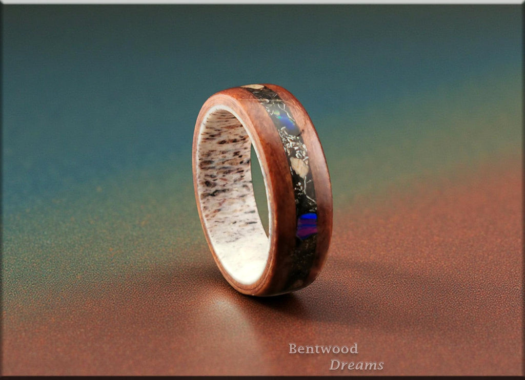 Redwood Burl Bentwood Ring: Megalodon Tooth, Meteorite, Opal, Antler Core