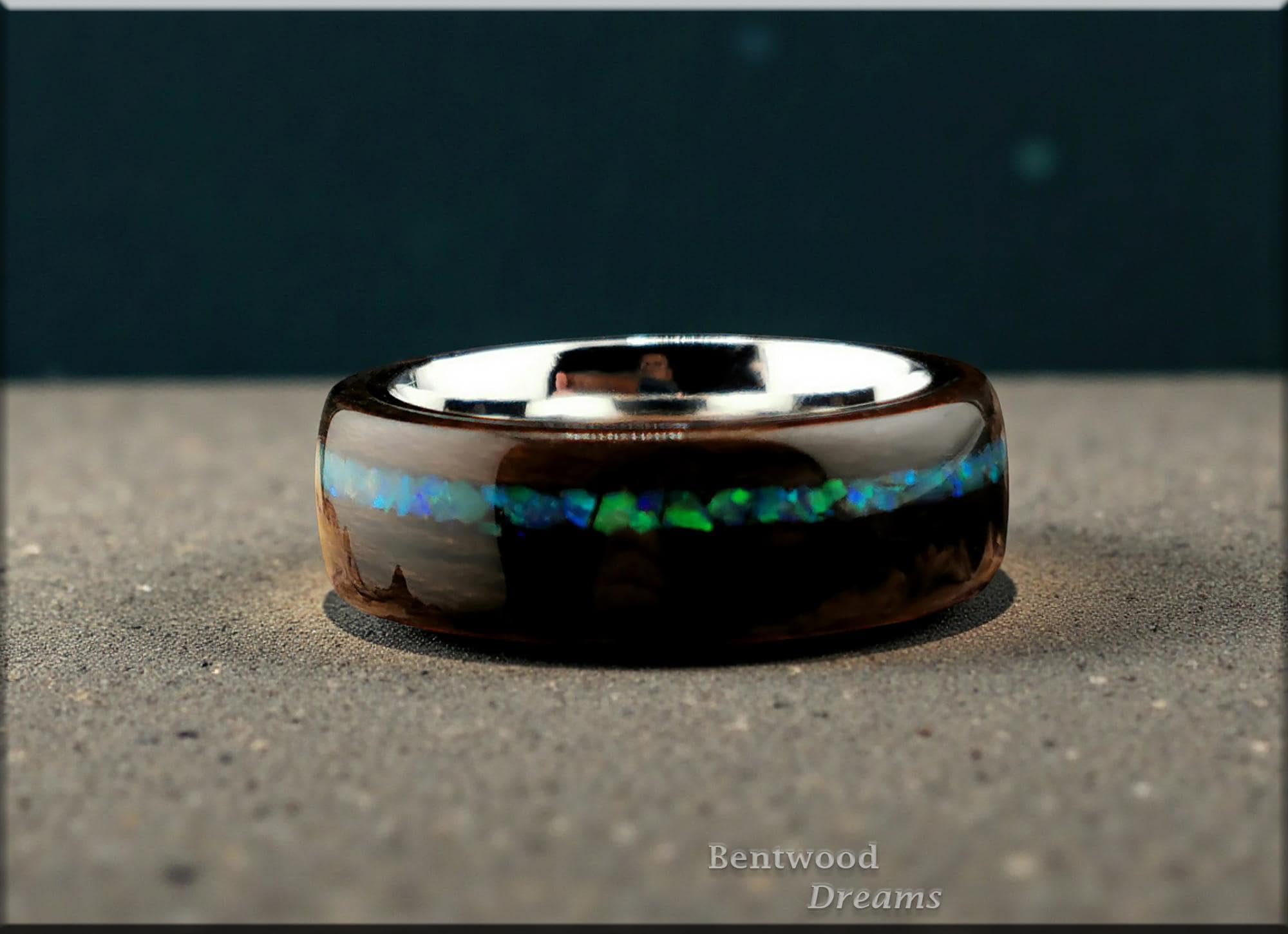 Bentwood Ring: Ziricote, offset Lab Opal, Polished Cobalt Chrome core, wood ring