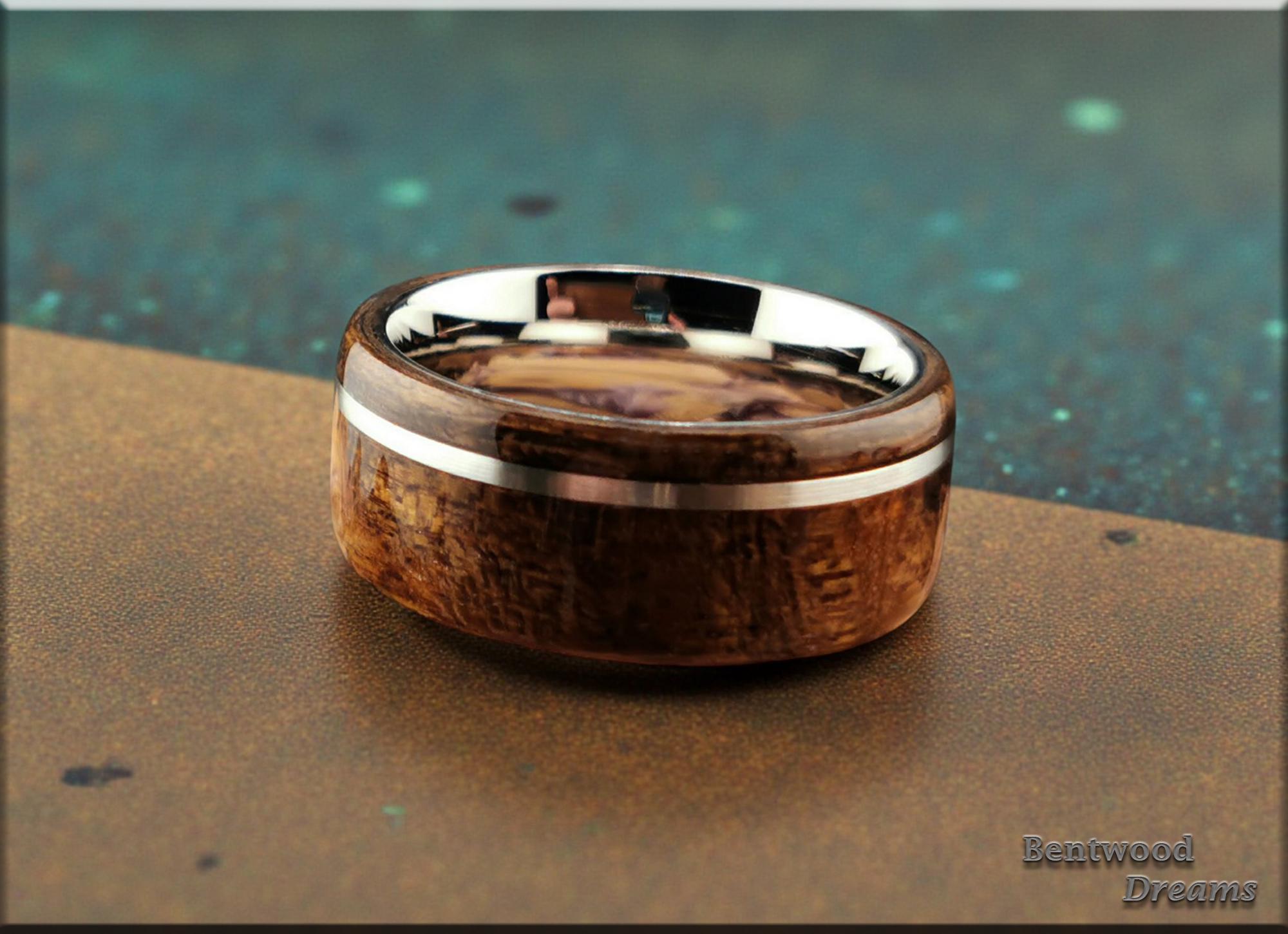 Bentwood Ring: Figured Daniella, offset inlaid Silver Wire, Polished Titanium Core, wood ring