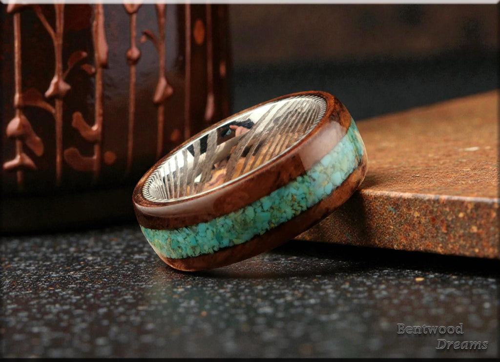 Bentwood Ring: Claro Walnut Burl, inlaid Sonoran Turquoise, Damascus Steel core, wood ring