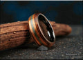 Bentwood Ring: Smoked Etimoe, inlaid Hawaiian Koa and Buddstone, Black Ceramic core