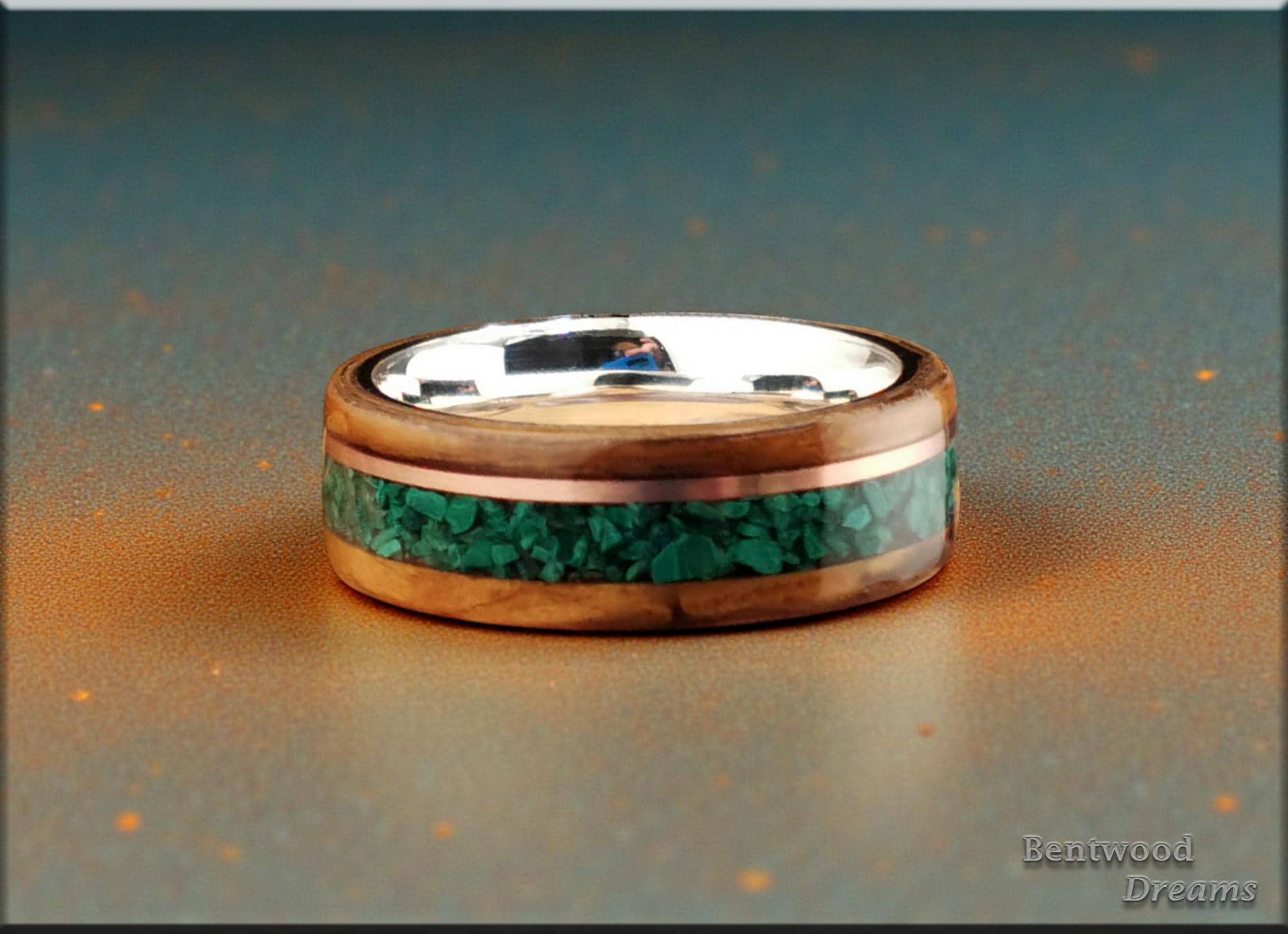 Bentwood Ring: English Brown Oak, Copper Wire and Green Malachite, Sterling Silver core