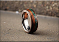 Bentwood Ring: Harborica, inlaid Teak and Dark Chrysocolla, Tungsten Carbide core