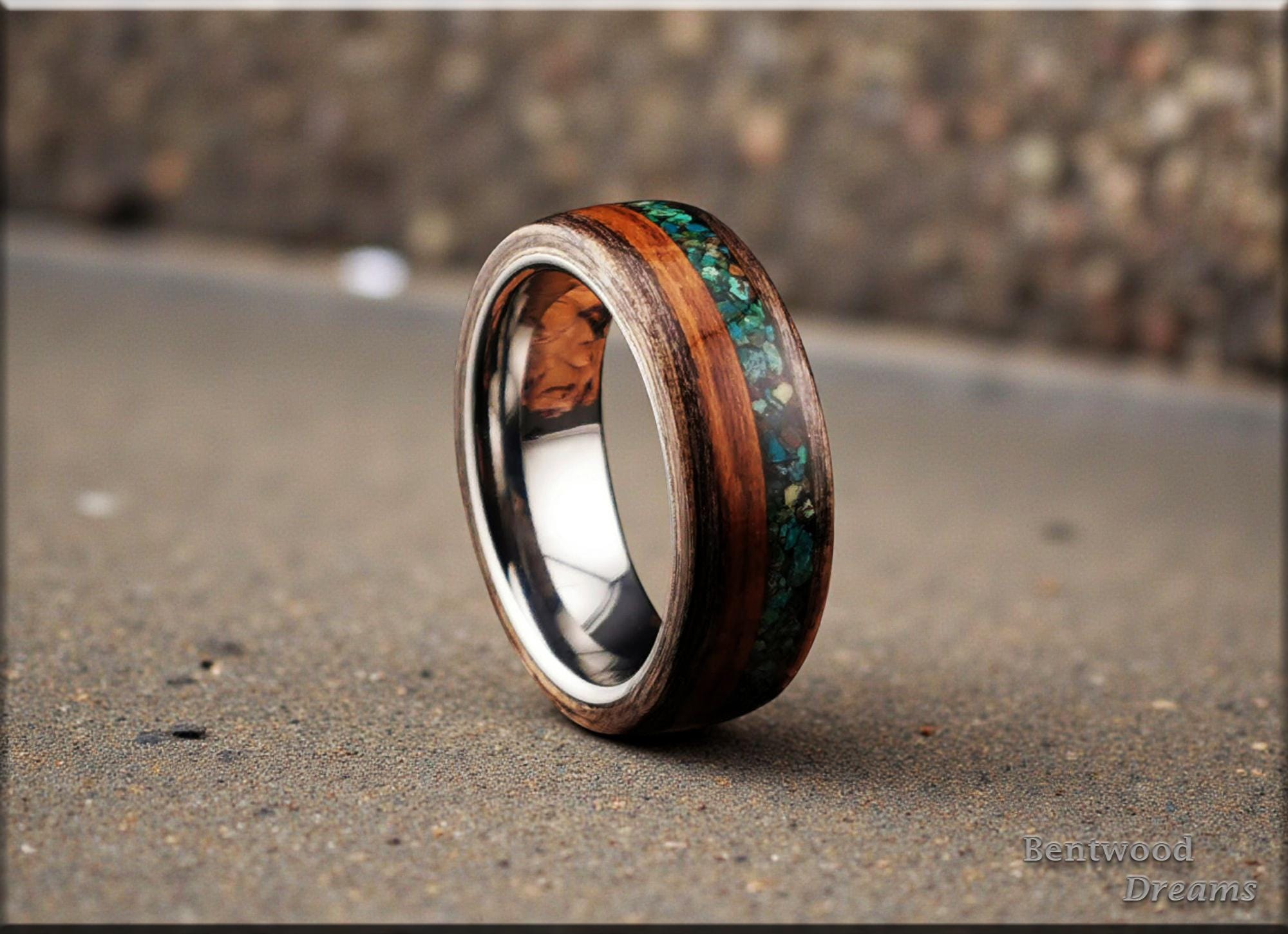 Bentwood Ring: Harborica, inlaid Teak and Dark Chrysocolla, Tungsten Carbide core