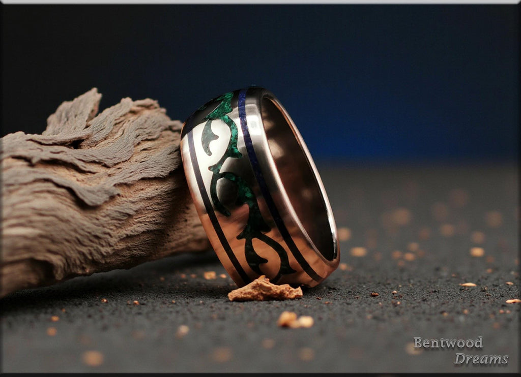 Handmade Titanium Viking Ring, Green Malachite Lapis Lazuli Inlay