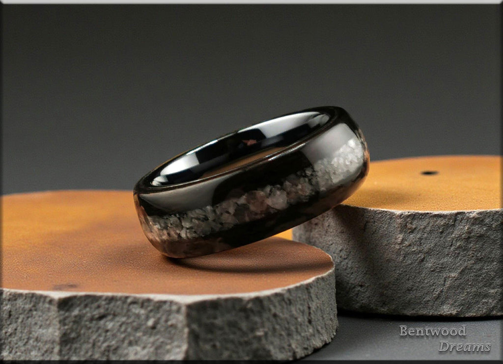 Bentwood Ring: Smoked Eucalyptus, inlaid Yooperlite, polished Black ceramic core, wood ring