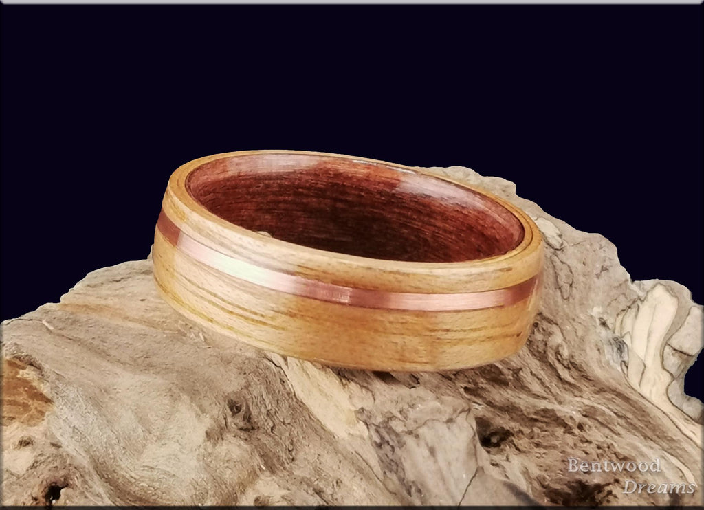 Bentwood Ring: Hickory, offset inlaid Copper Wire, Redwood core, wood ring