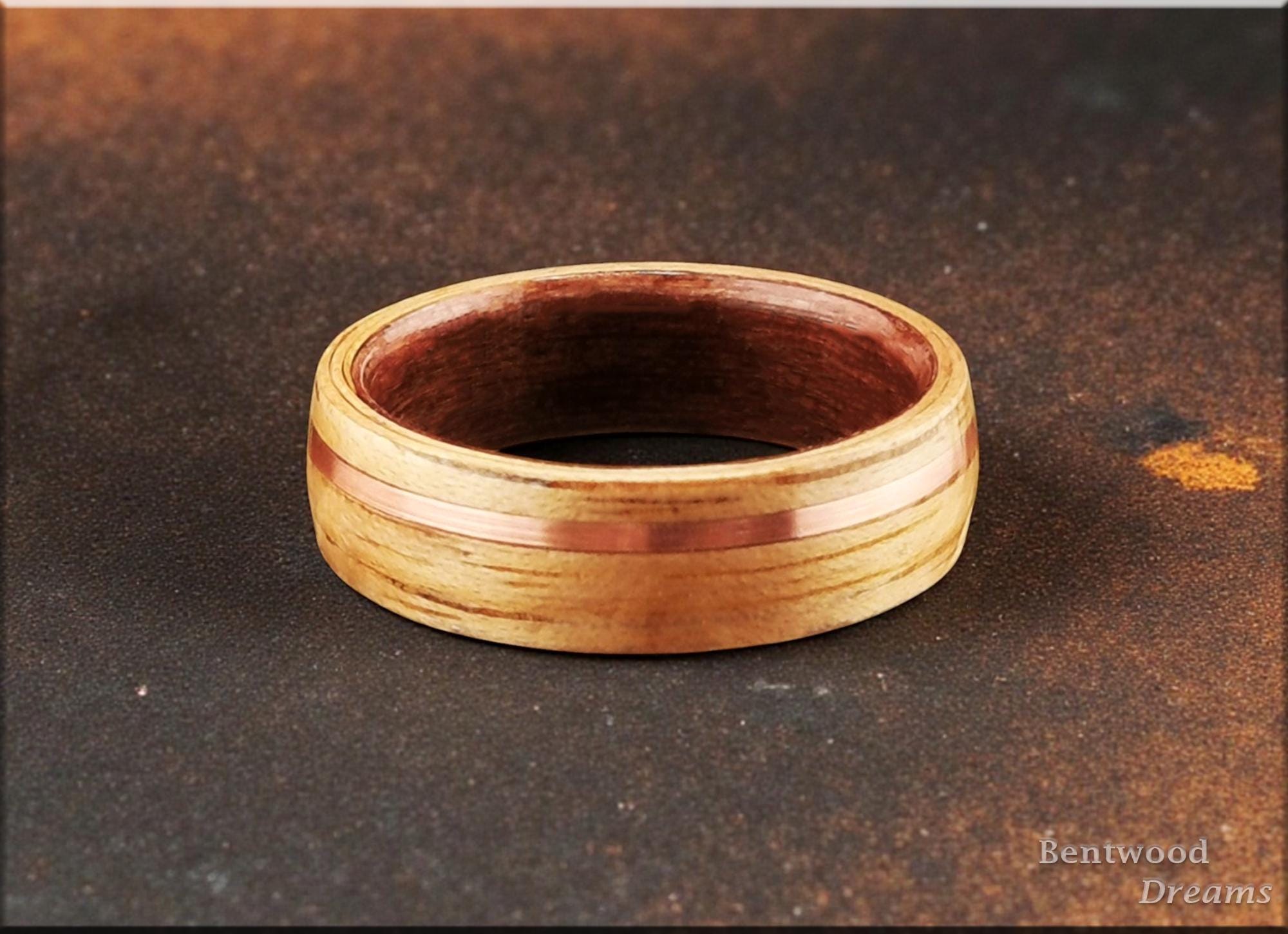 Bentwood Ring: Hickory, offset inlaid Copper Wire, Redwood core, wood ring