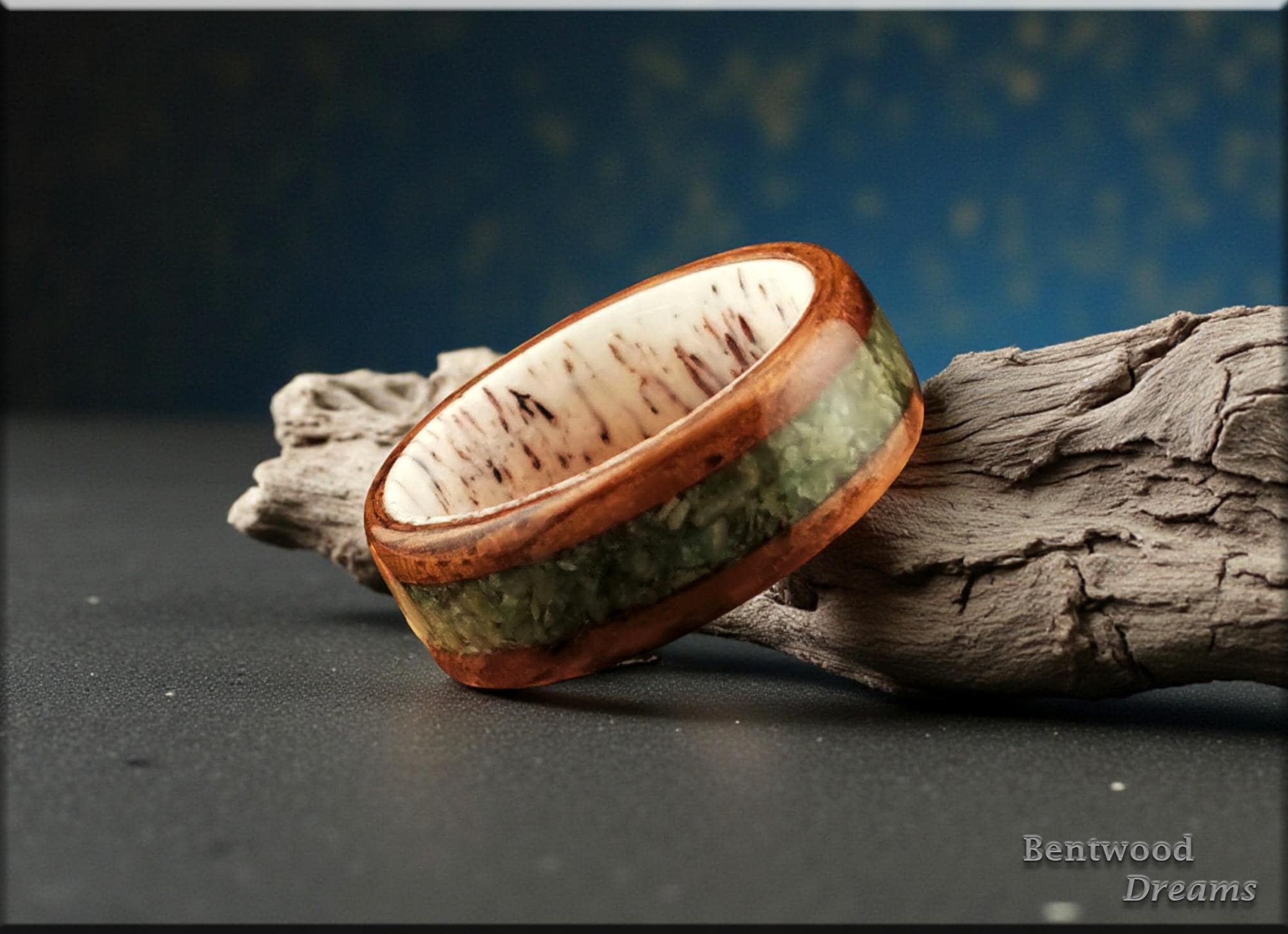 Bentwood Ring: Circassian Walnut, inlaid Vesuvianite (Californite), Deer Antler core, wood ring