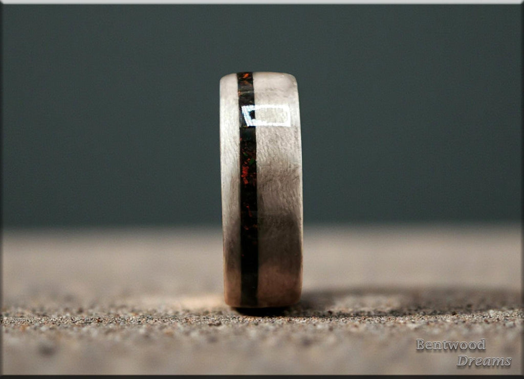 Bentwood Ring: Harewood, offset inlaid Lab Cultured Opal, Black Ceramic core, wood ring