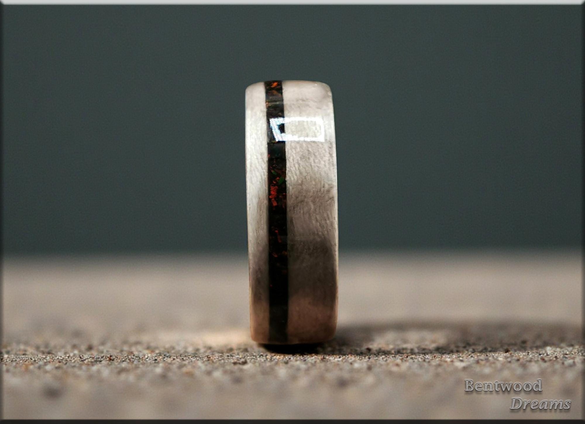 Bentwood Ring: Harewood, offset inlaid Lab Cultured Opal, Black Ceramic core, wood ring