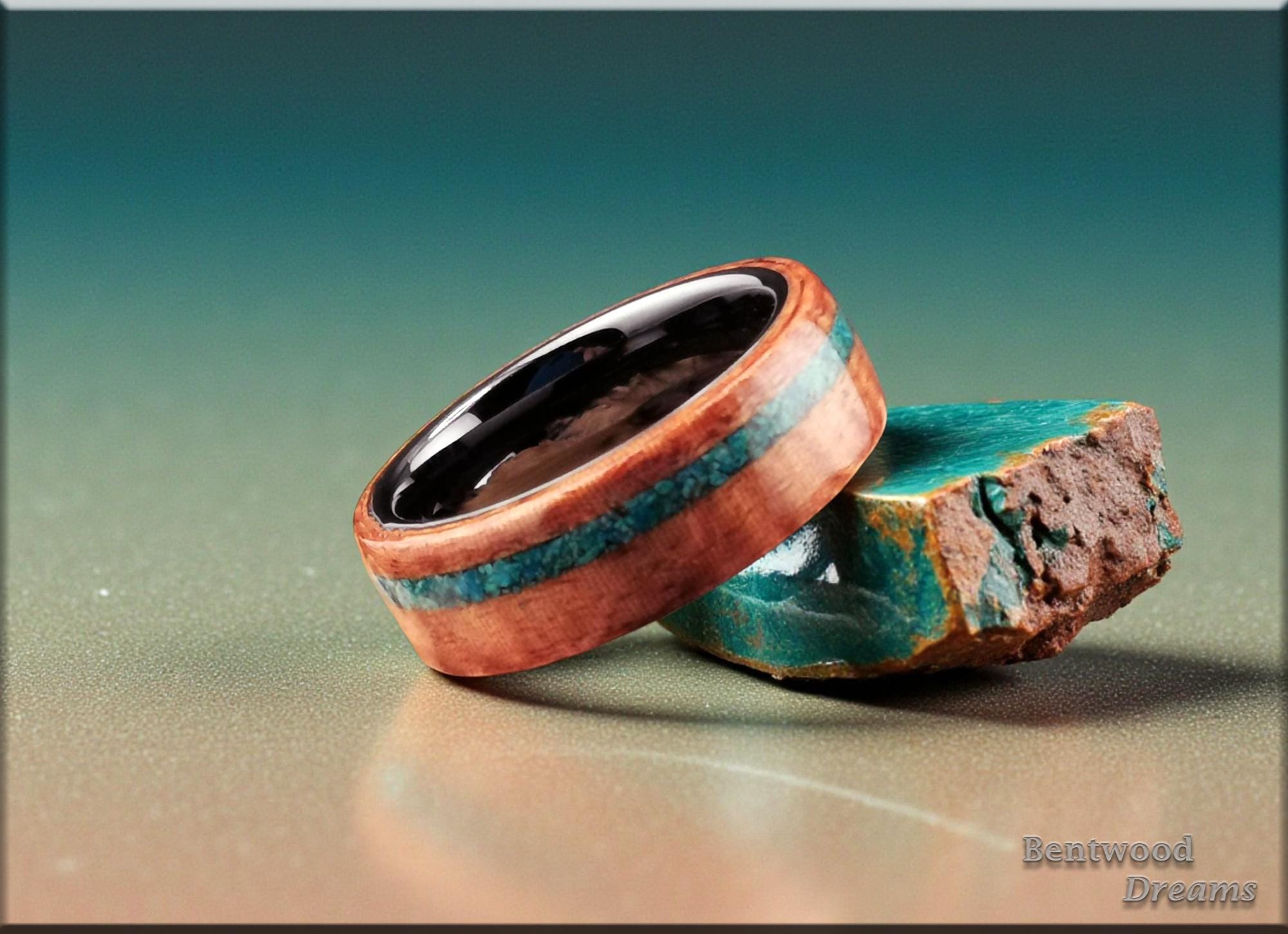 Bentwood Ring: Fiddleback Kotibe, offset inlaid Dark Chrysocolla, polished Black Ceramic core, wood ring
