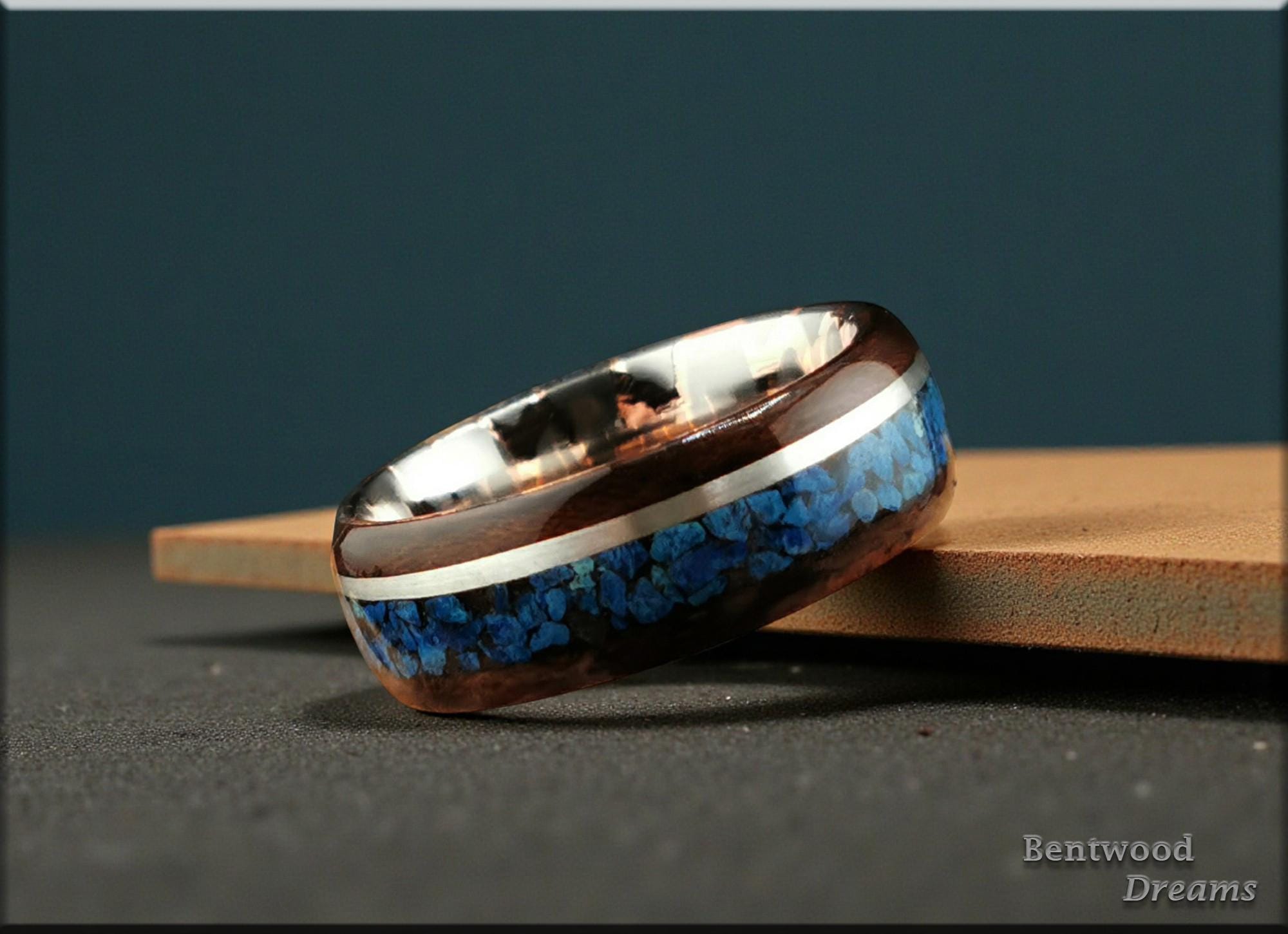 Bentwood Ring: Smoked Etimoe, inlaid Sterling Silver and Shattuckite, Superconductor core