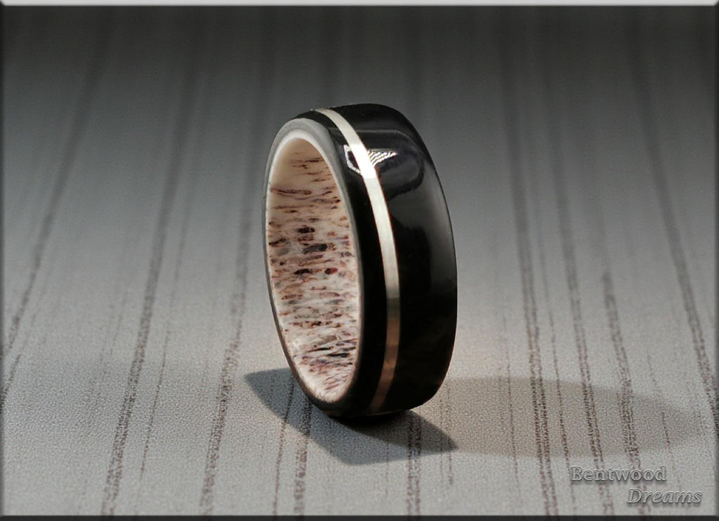 Black Birdseye Maple Bentwood Ring: Sterling Silver Inlay, Deer Antler Core