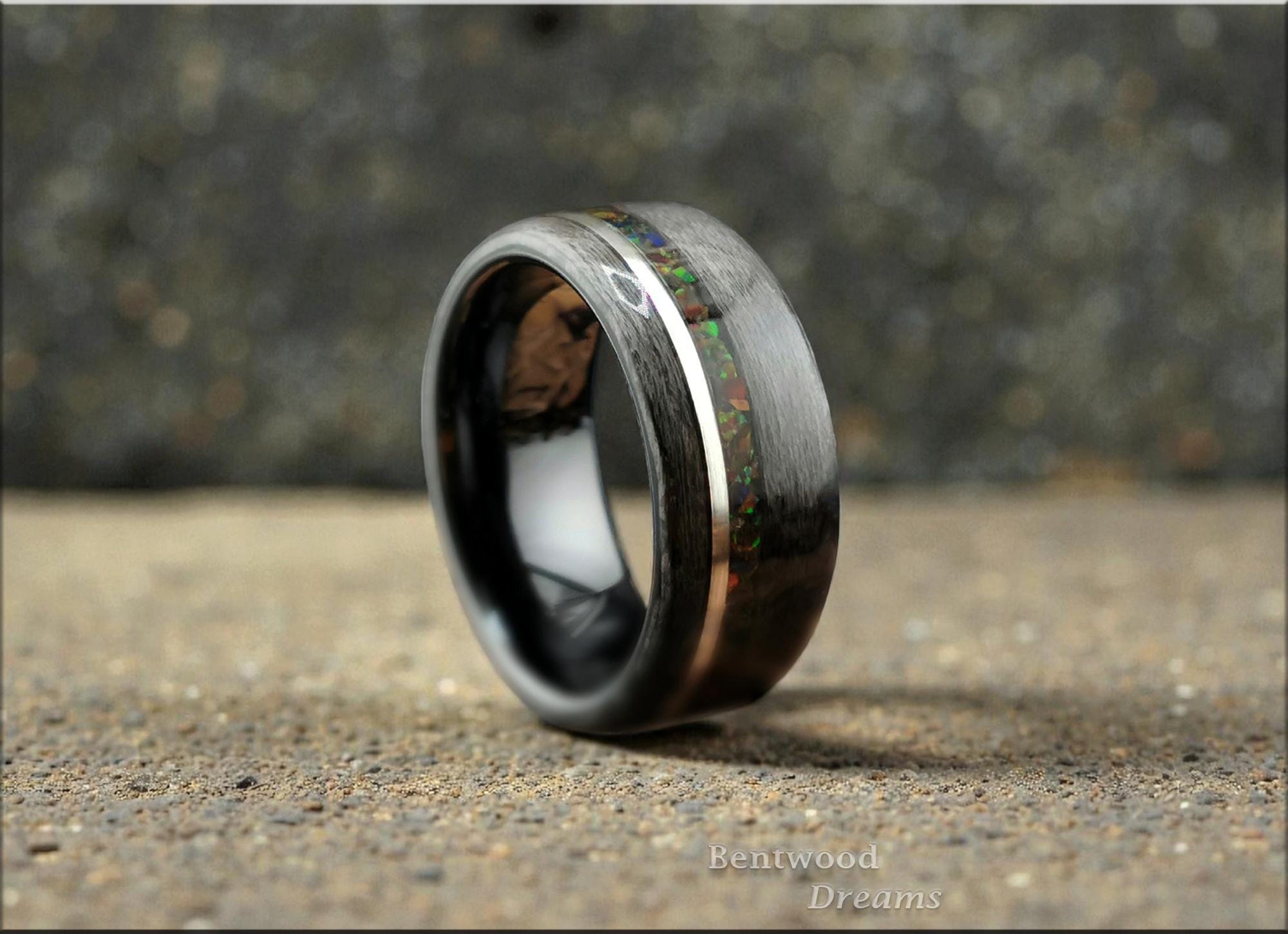 Bentwood Ring: Grey Birdseye Maple, inlaid Sterling Silver Wire and Kyanite-Ruby Matrix, Titanium core