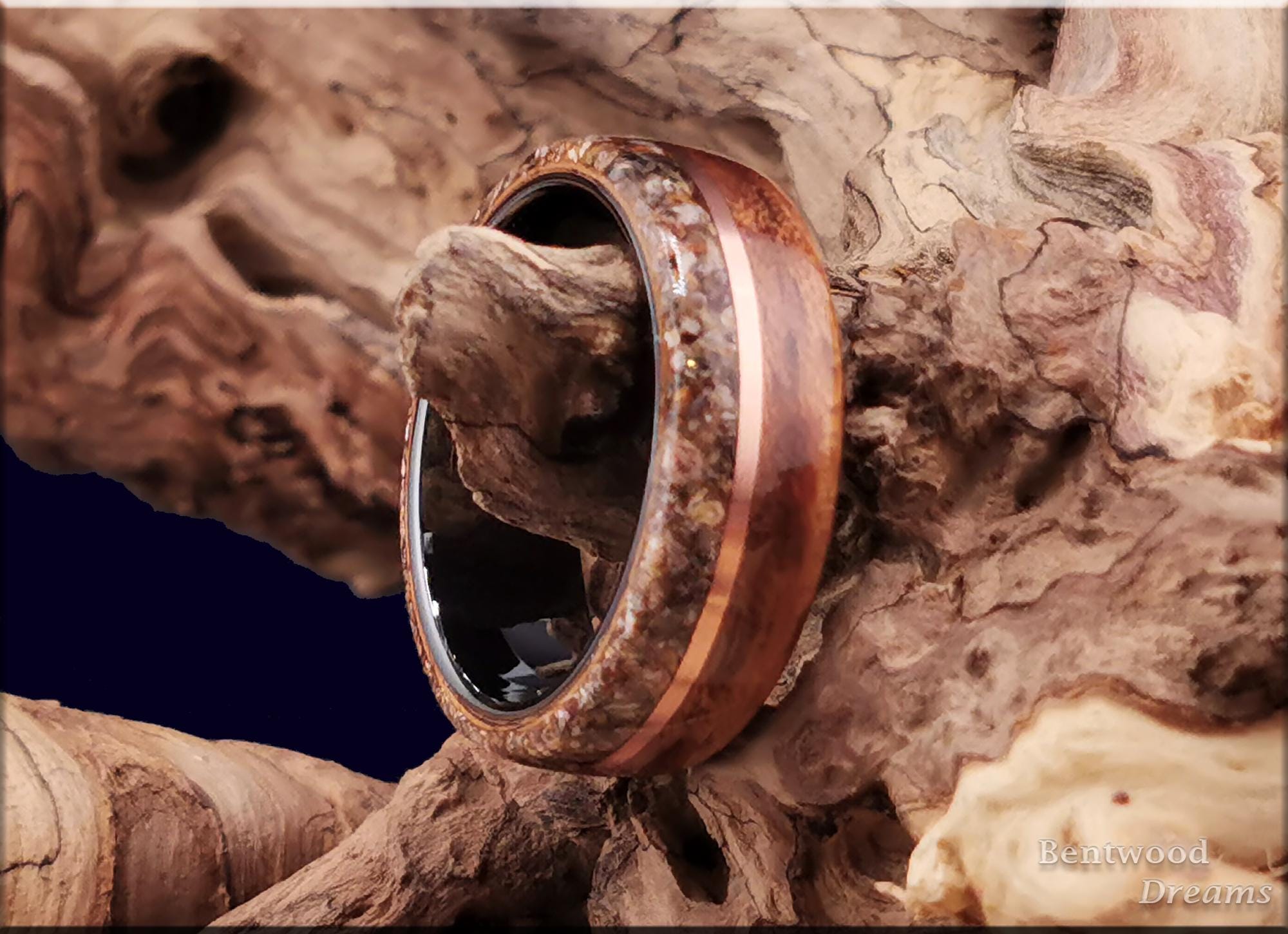 Bentwood Ring: Quartersawn Etimoe, edge inlaid Dinosaur Bone and Copper Wire, Black Ceramic core