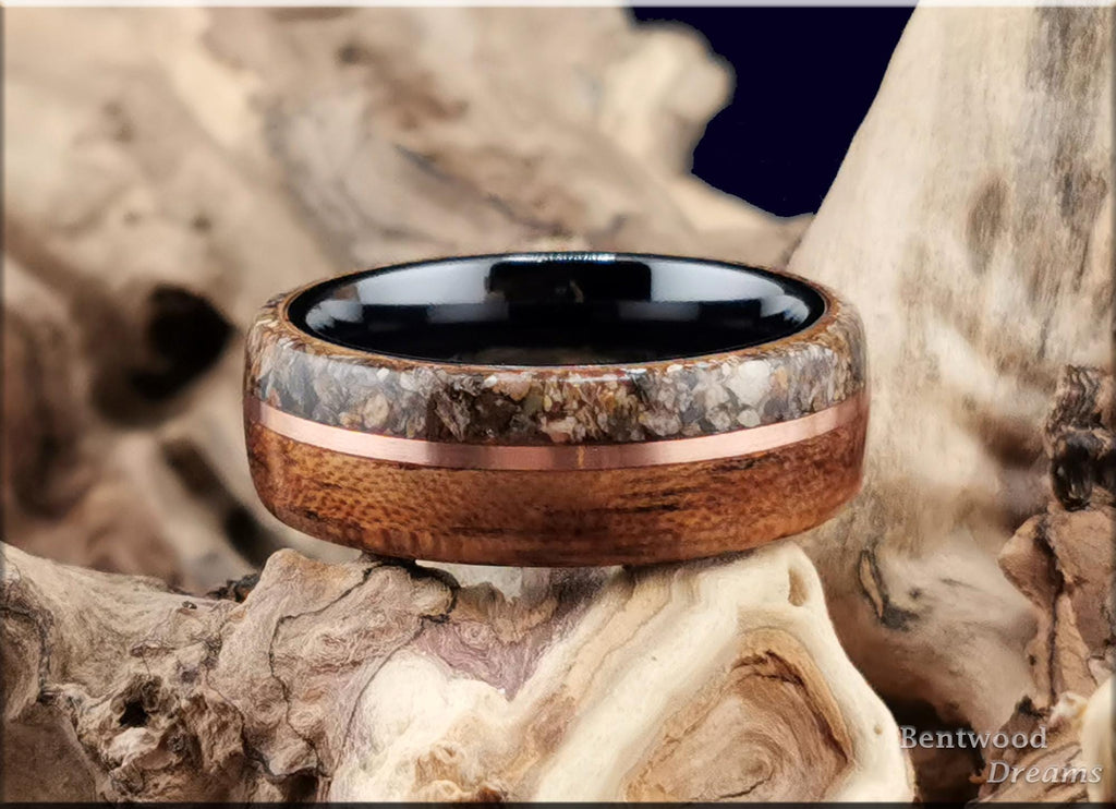 Bentwood Ring: Quartersawn Etimoe, edge inlaid Dinosaur Bone and Copper Wire, Black Ceramic core