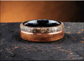 Bentwood Ring: Quartersawn Etimoe, edge inlaid Dinosaur Bone and Copper Wire, Black Ceramic core