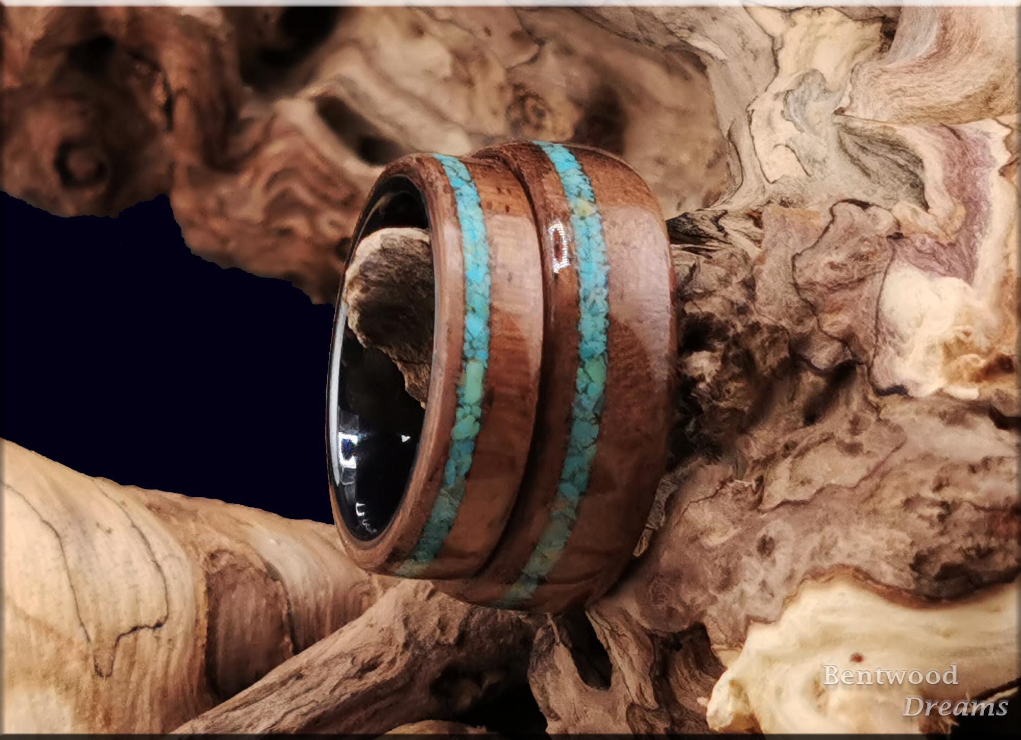 Bentwood Ring Set: Rare Fiddleback Walnut, offset Sonoran Turquoise, Black ceramic cores