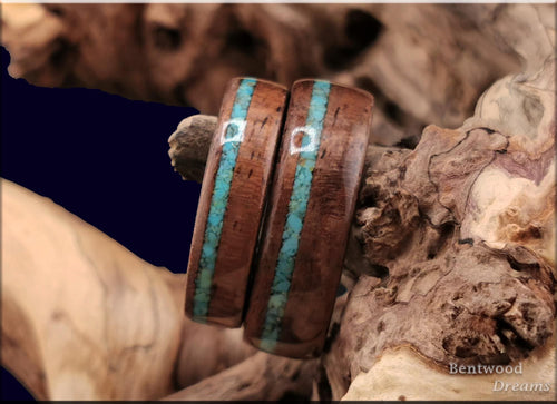 Bentwood Ring Set: Rare Fiddleback Walnut, offset Sonoran Turquoise, Black ceramic cores