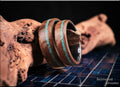 Bentwood Ring Set: Rare Fiddleback Walnut, offset Sonoran Turquoise, Black ceramic cores