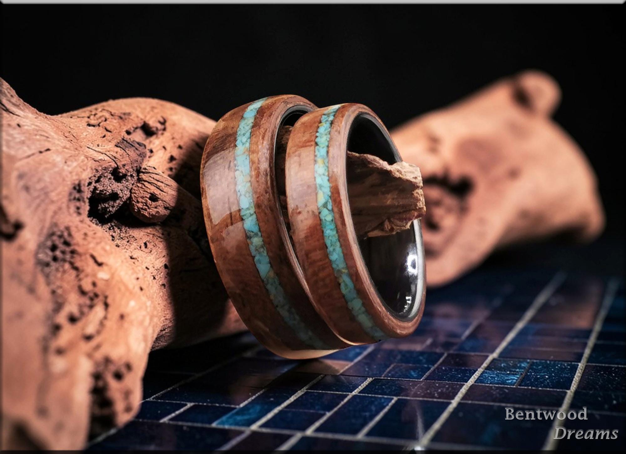 Bentwood Ring Set: Rare Fiddleback Walnut, offset Sonoran Turquoise, Black ceramic cores