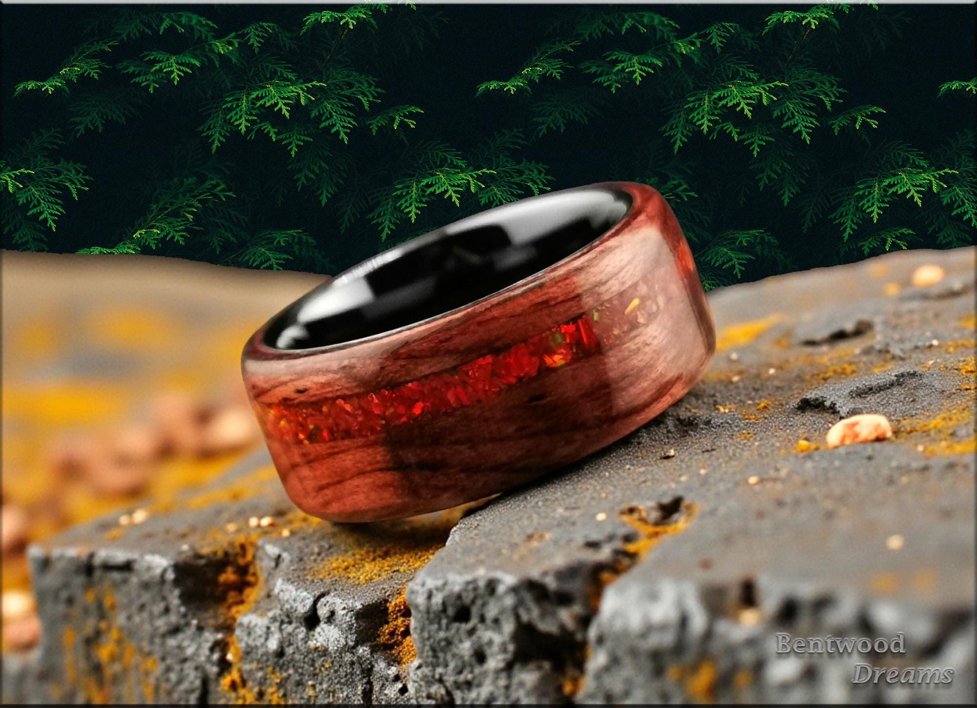 Bubinga Bentwood Ring: Lab Opal Inlay, Black Ceramic Core