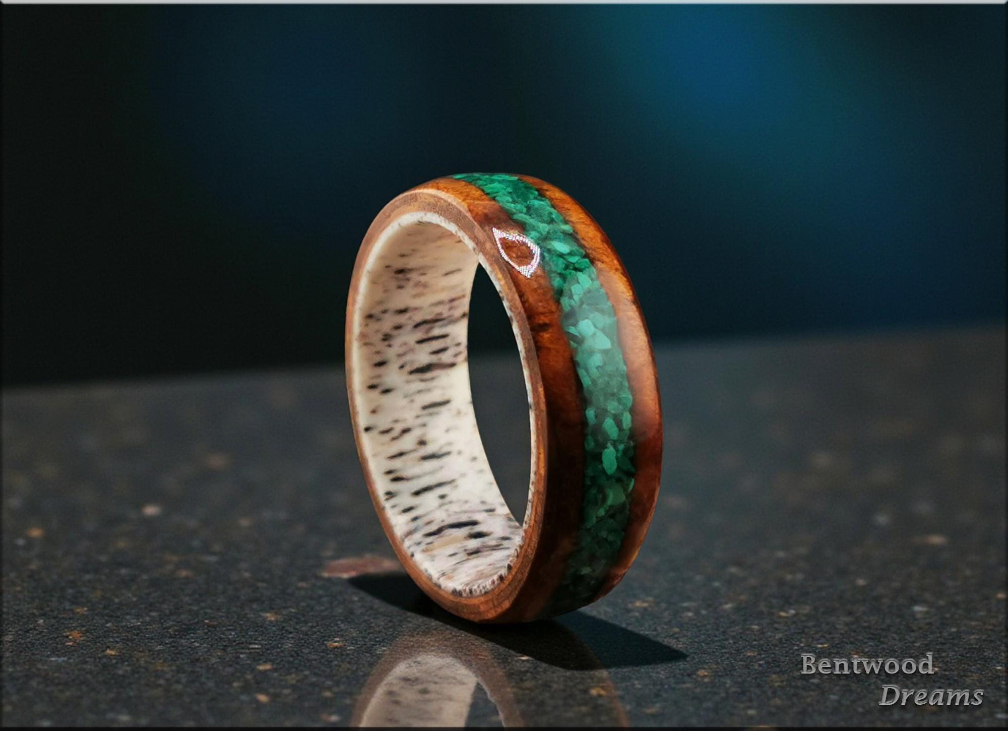 Bentwood Ring: Camphor Burl, inlaid Green Malachite, Deer Antler core, wood ring
