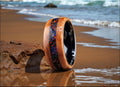 Bentwood Ring: Eucalyptus Burl, inlaid Multi-Opal, black ceramic  core, Quick Ship