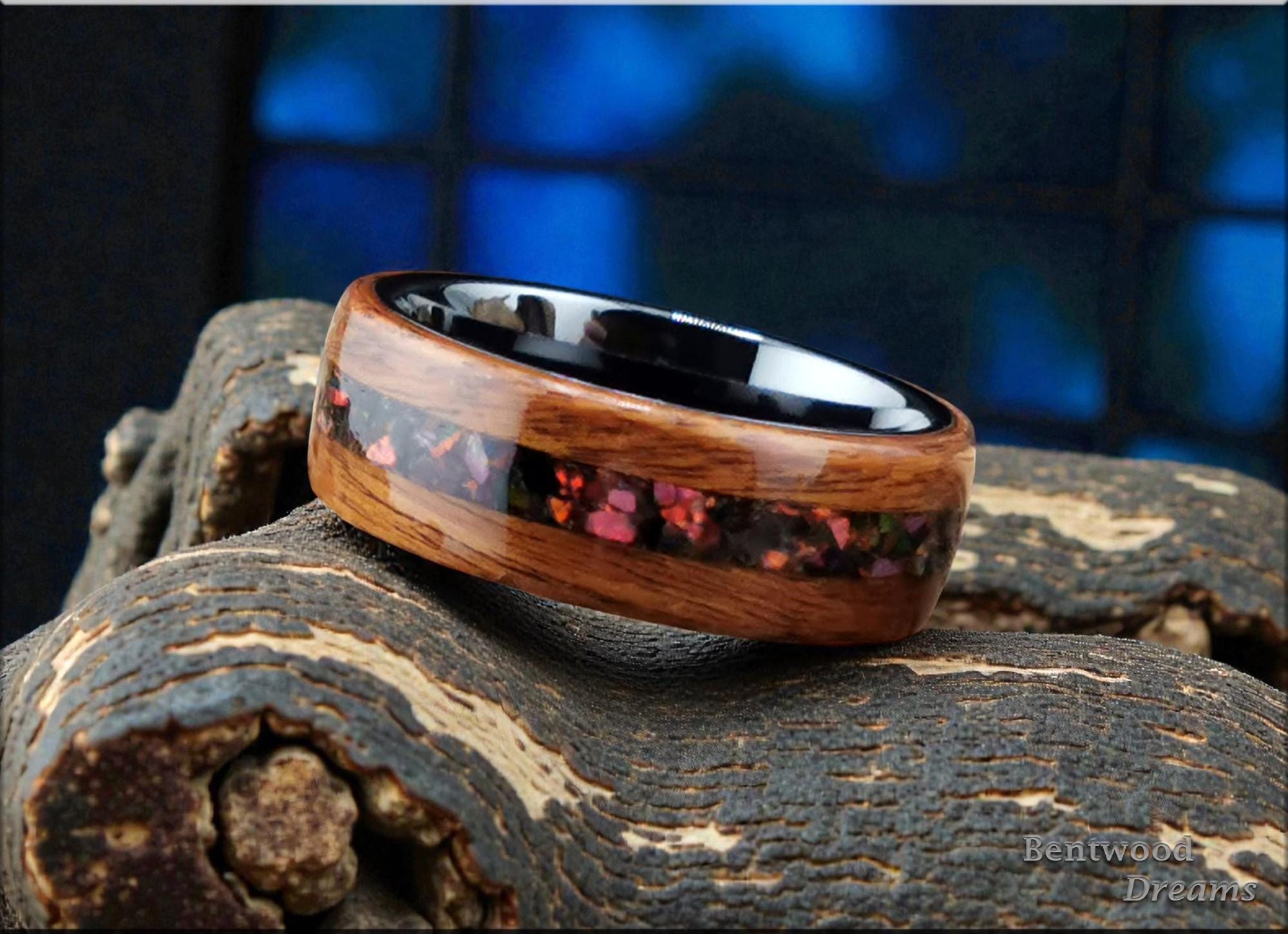 Bentwood Ring: Santos Rosewood, inlaid Cultured Opal blend, Black Ceramic core
