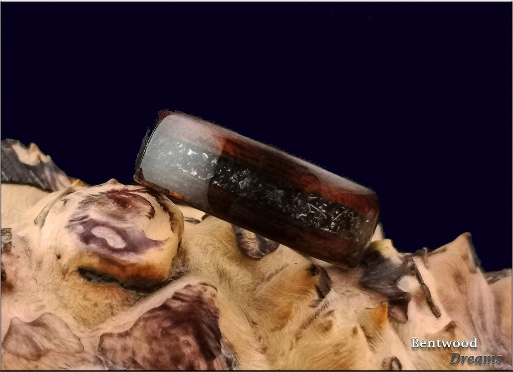 Bentwood Ring: Smoked Etimoe, Glorieta Mountain Meteorite, Damascus Steel core, wood ring