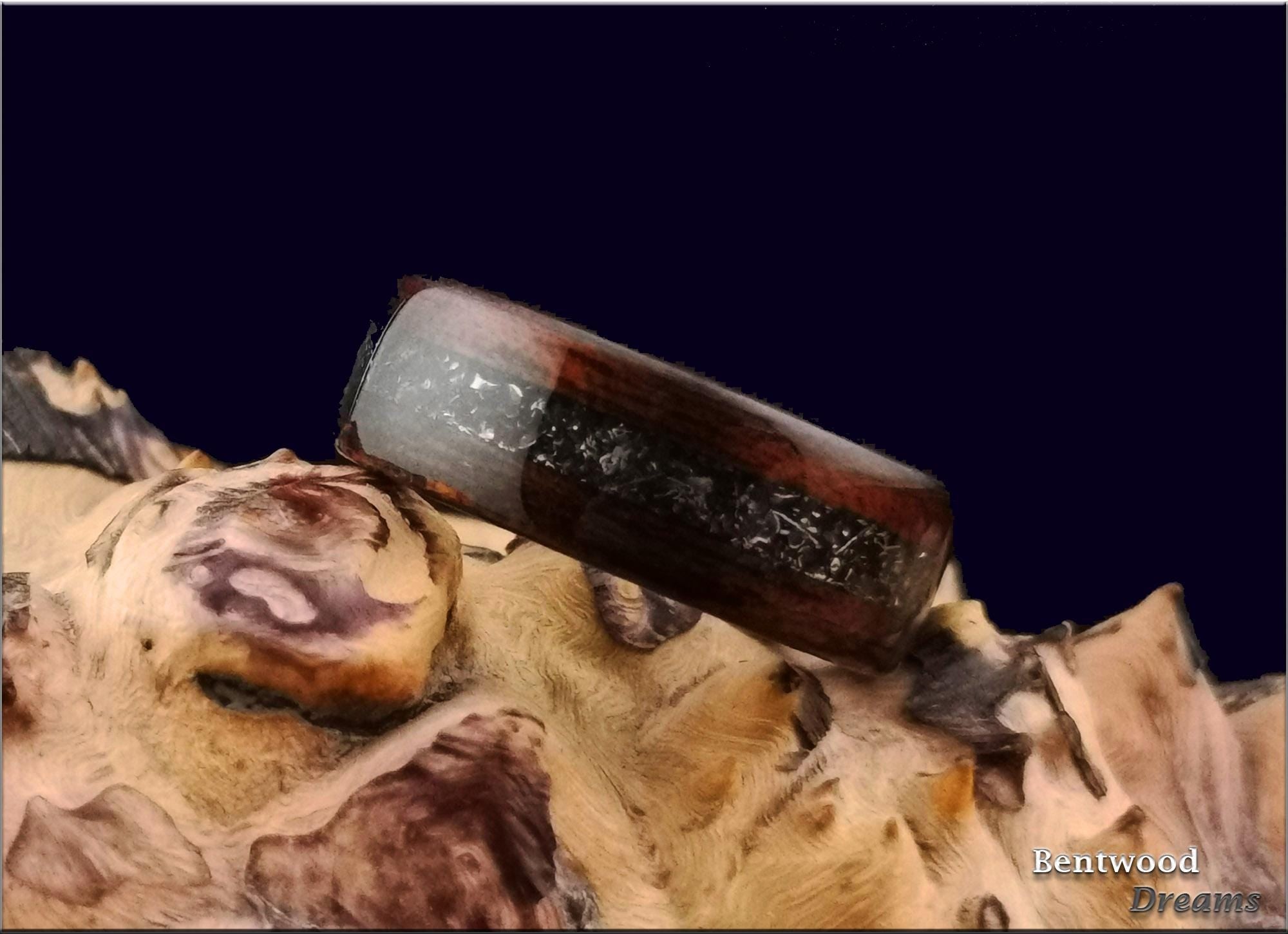 Bentwood Ring: Smoked Etimoe, Glorieta Mountain Meteorite, Damascus Steel core, wood ring