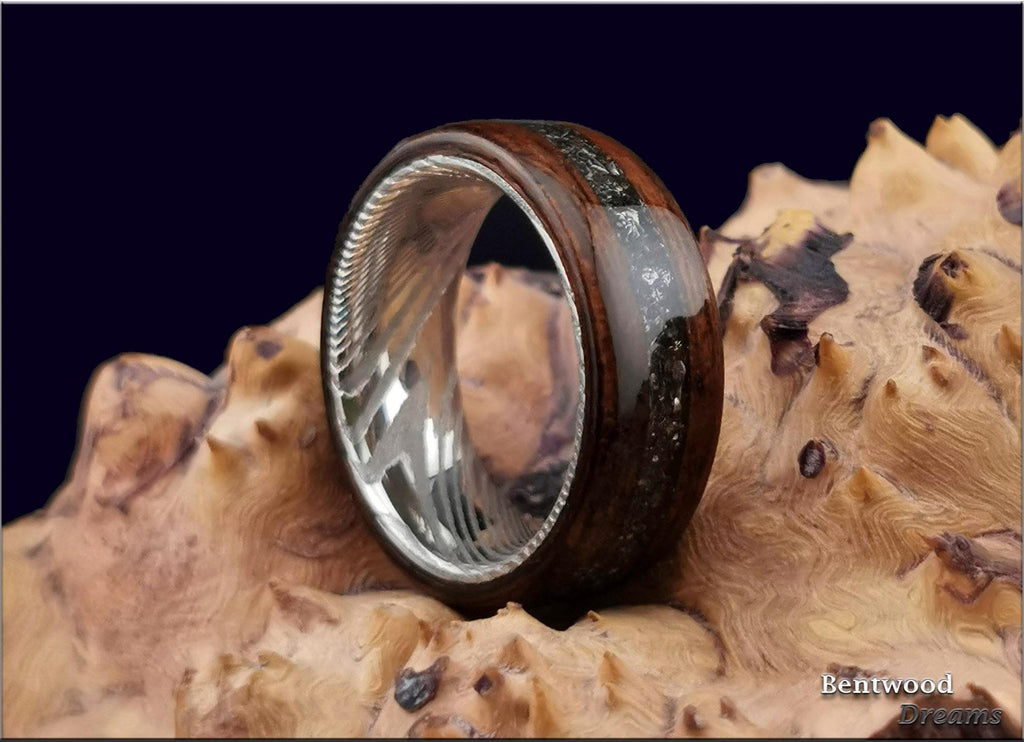 Bentwood Ring: Smoked Etimoe, Glorieta Mountain Meteorite, Damascus Steel core, wood ring