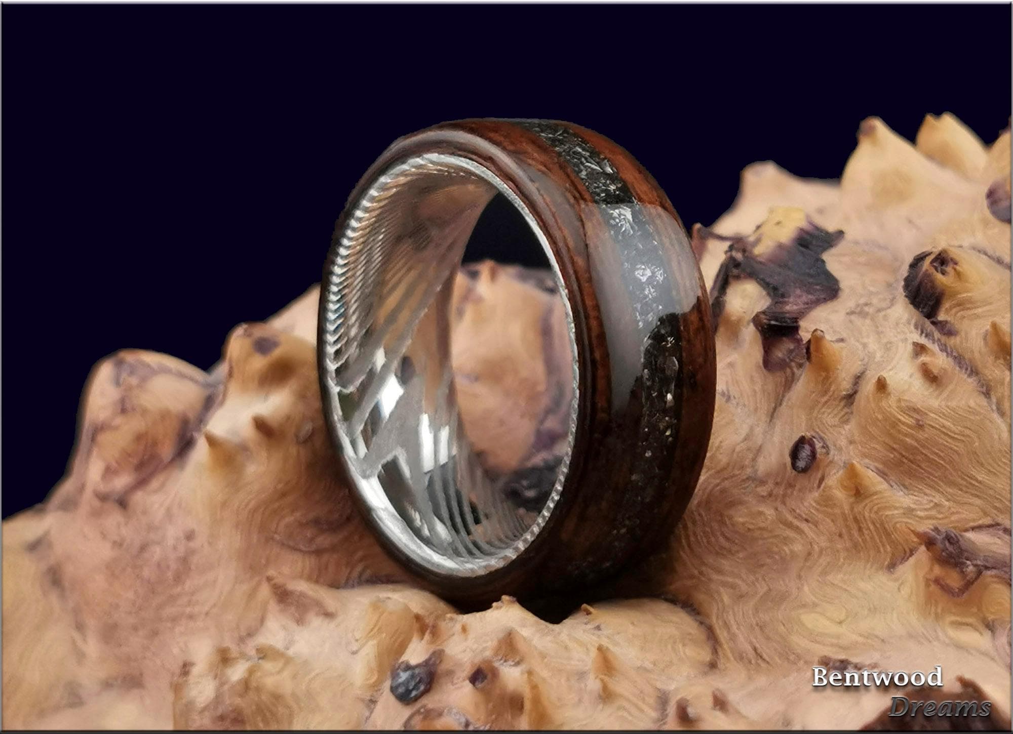 Bentwood Ring: Smoked Etimoe, Glorieta Mountain Meteorite, Damascus Steel core, wood ring