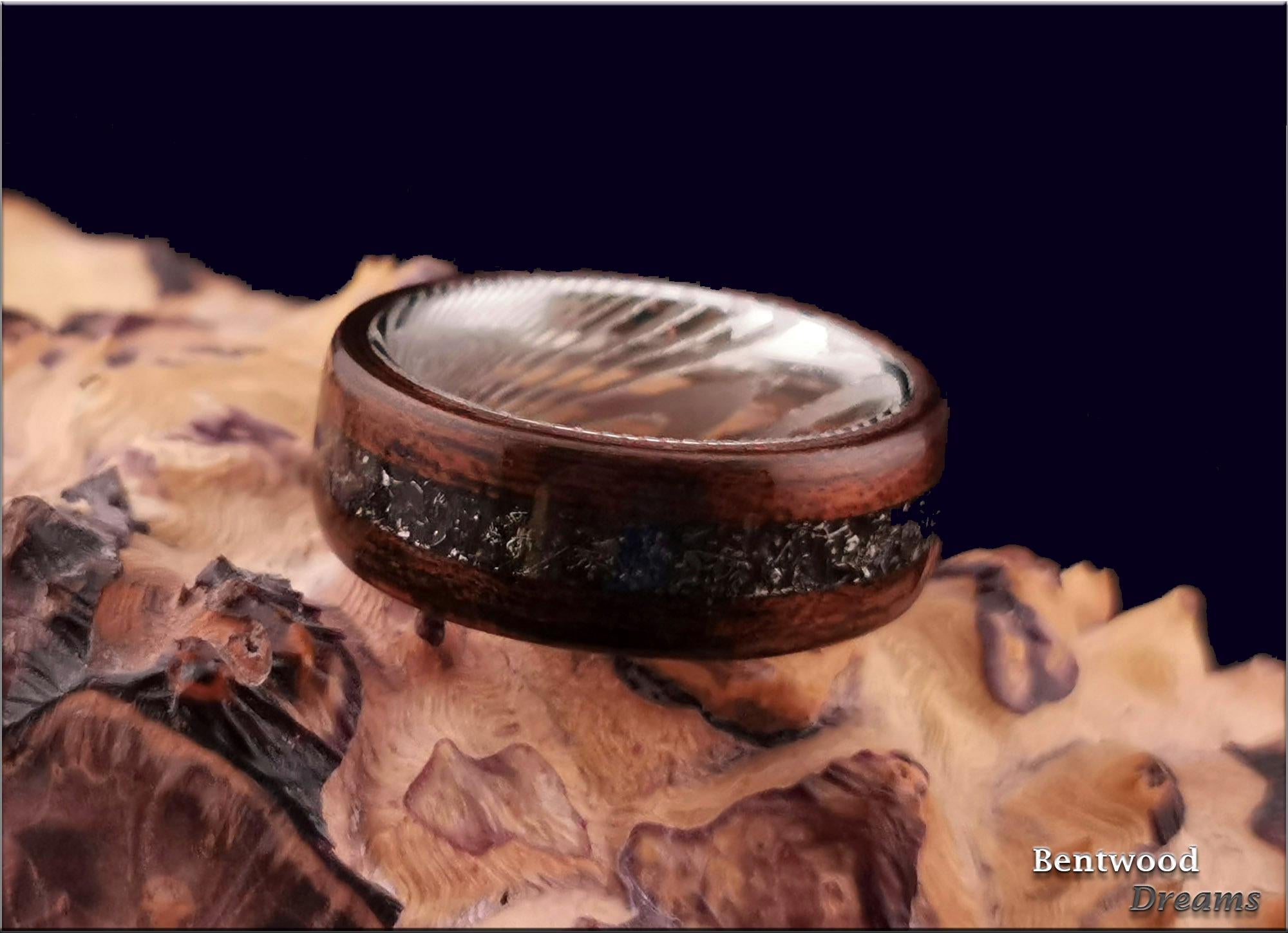 Bentwood Ring: Smoked Etimoe, Glorieta Mountain Meteorite, Damascus Steel core, wood ring