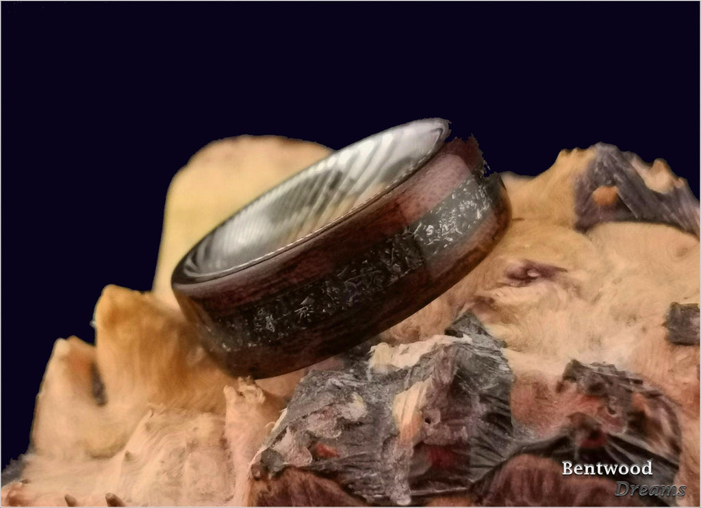 Bentwood Ring: Smoked Etimoe, Glorieta Mountain Meteorite, Damascus Steel core, wood ring