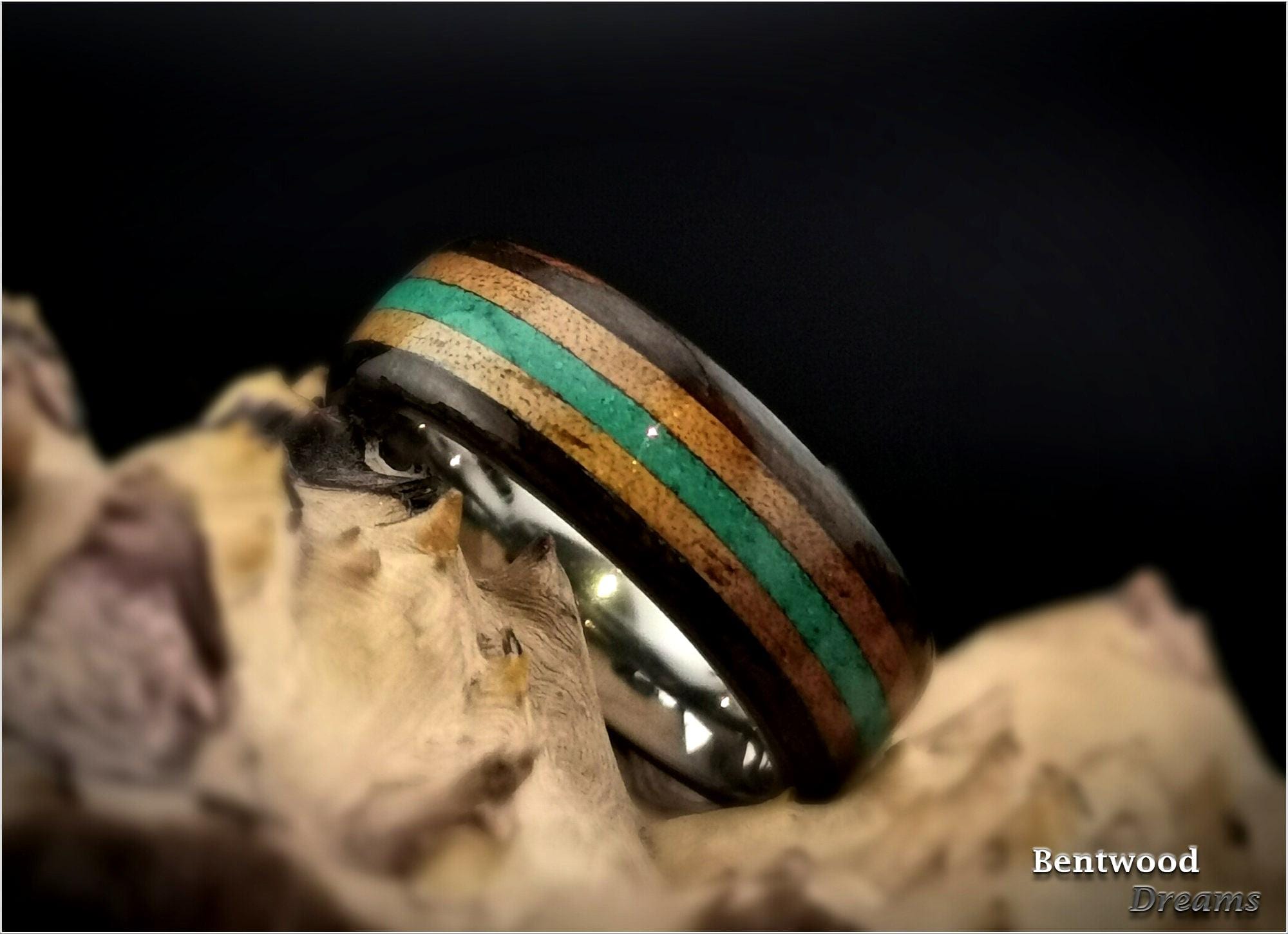 Bentwood Ring: Smoked Etimoe, inlaid Hawaiian Koa and Green Malachite, Titanium core