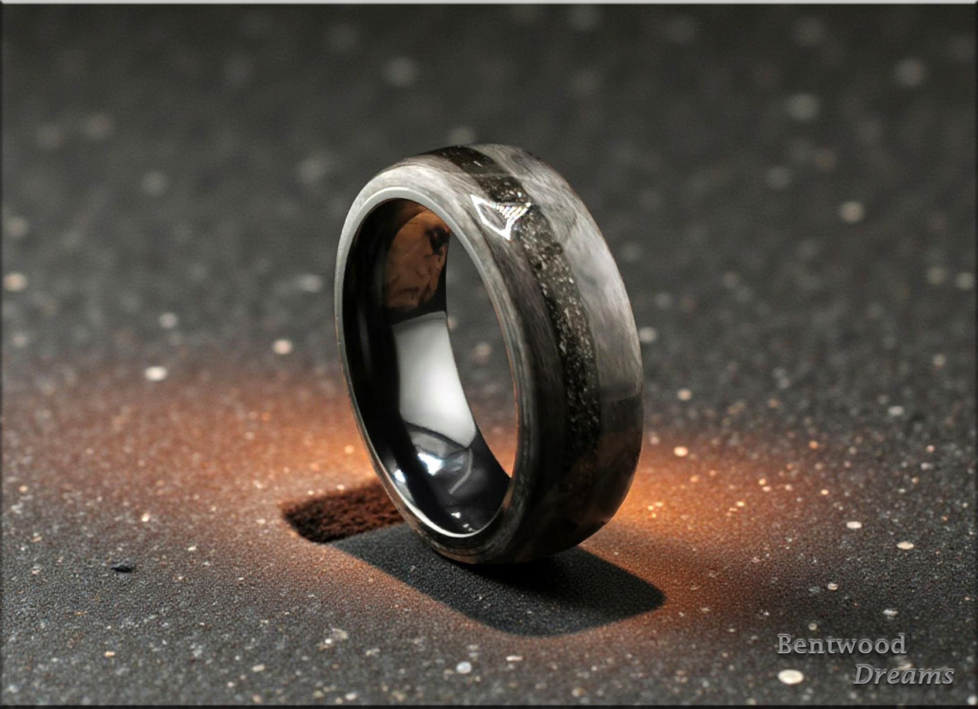 Bentwood Ring: Grey Maple, offset inlaid Muonionalusta Meteorite, Black Zirconium core
