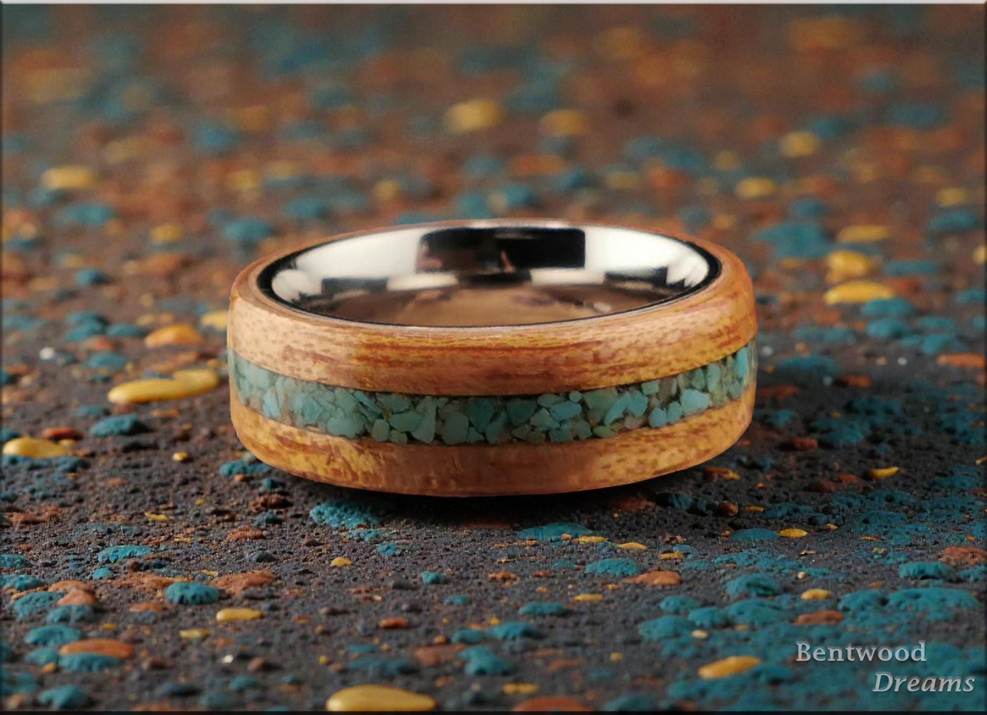 Bentwood Ring: Red Gum, inlaid Green Turquoise, Polished Titanium core, wood ring