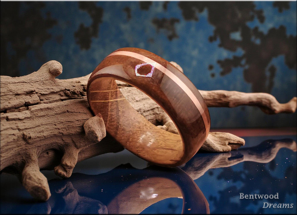 Bentwood Ring: Mottled Kosipo, offset inlaid Copper, Whisky Barrel Oak core, wood ring