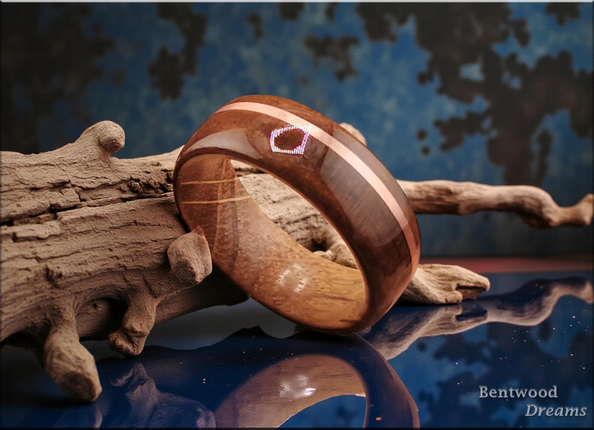 Bentwood Ring: Mottled Kosipo, offset inlaid Copper, Whisky Barrel Oak core, wood ring