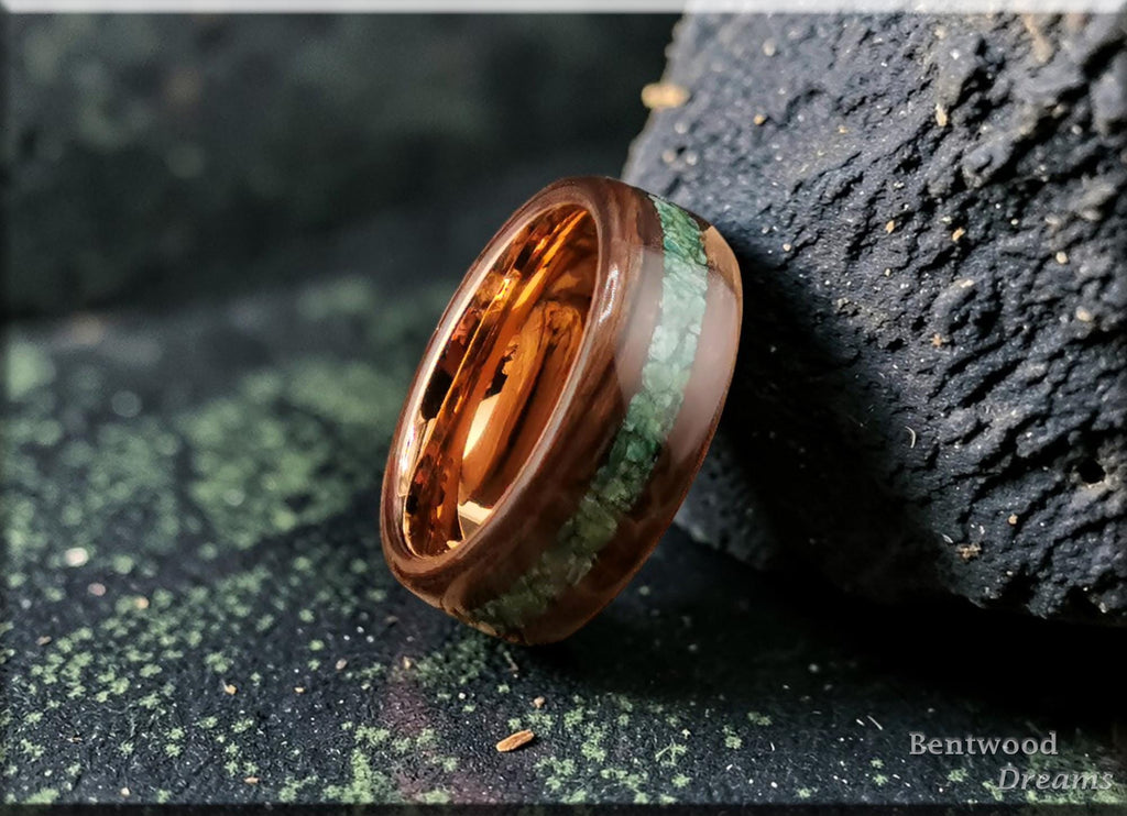 Bentwood Ring: Ancient Bog Oak, inlaid Verdite, Rose Gold Tungsten core, wood ring