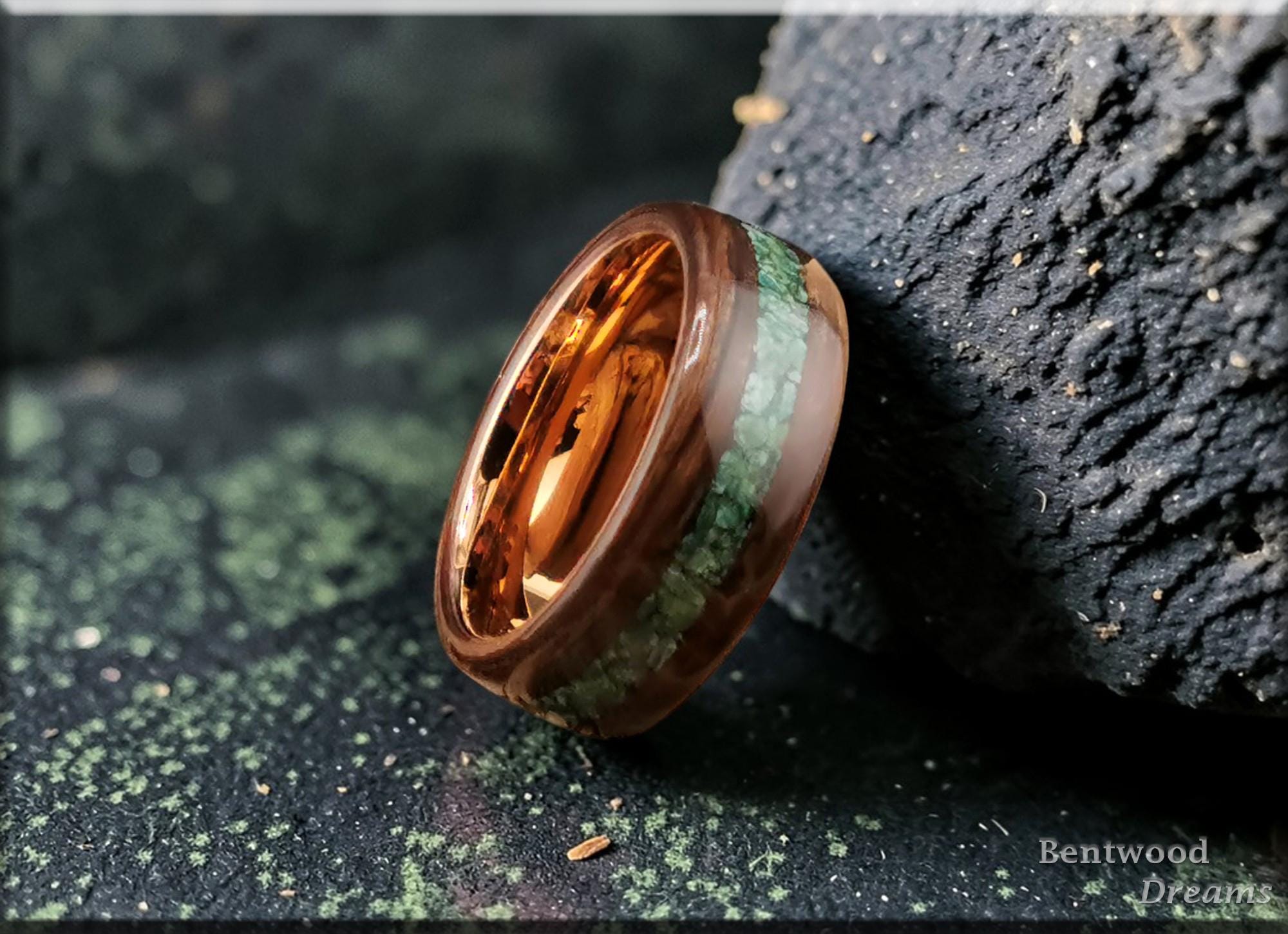 Bentwood Ring: Ancient Bog Oak, inlaid Verdite, Rose Gold Tungsten core, wood ring