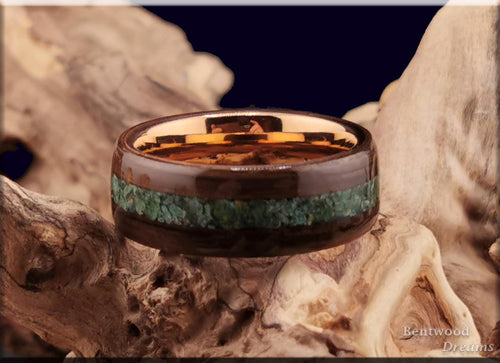 Bentwood Ring: Ancient Bog Oak, inlaid Verdite, Rose Gold Tungsten core, wood ring