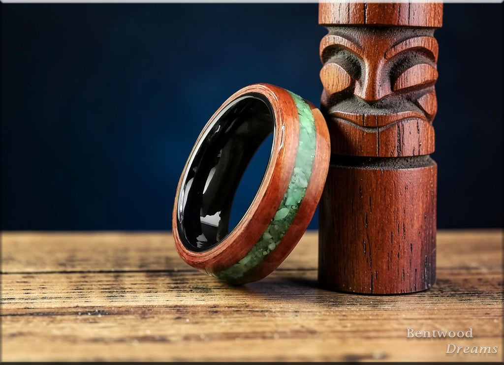 Bentwood Ring: Redwood, inlaid Apple Green Variscite, Polished Black Ceramic core