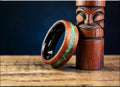 Bentwood Ring: Redwood, inlaid Apple Green Variscite, Polished Black Ceramic core