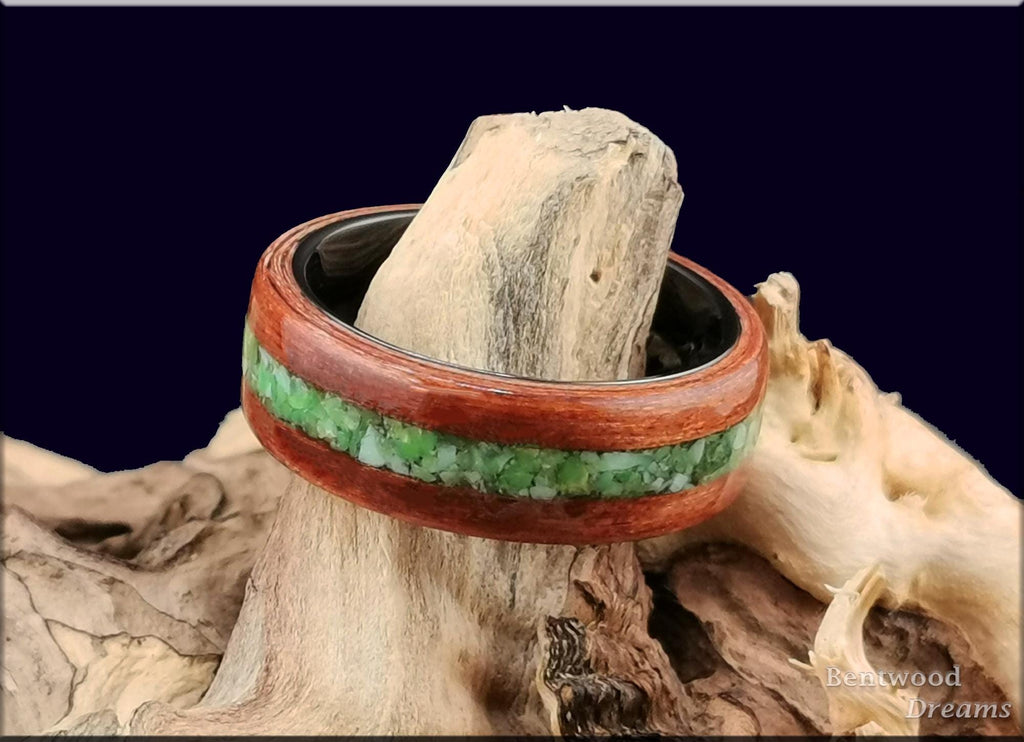 Bentwood Ring: Redwood, inlaid Apple Green Variscite, Polished Black Ceramic core