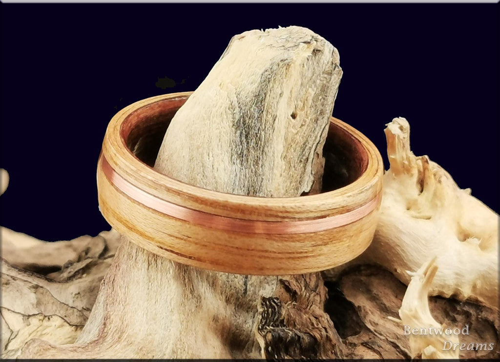 Bentwood Ring: Hickory, offset inlaid Copper Wire, Redwood core, wood ring