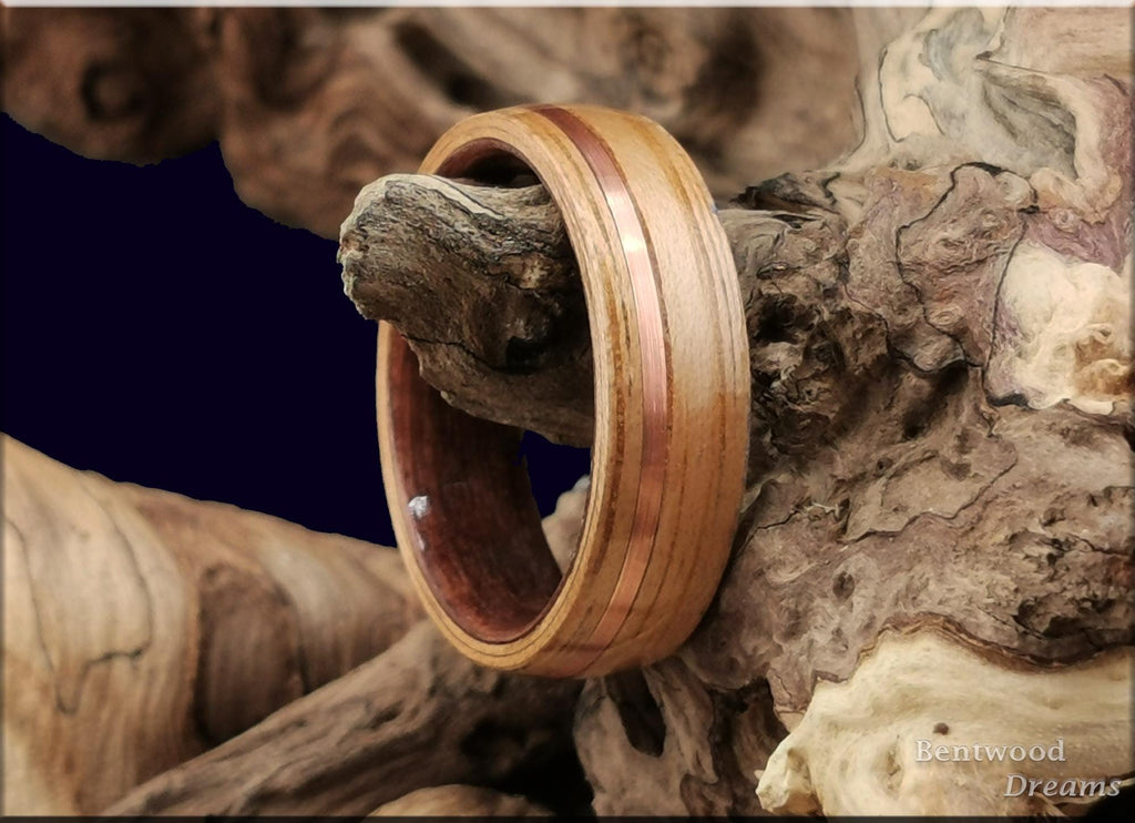 Bentwood Ring: Hickory, offset inlaid Copper Wire, Redwood core, wood ring