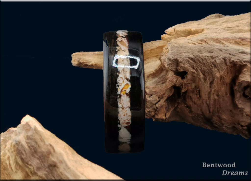 Bentwood Ring: Smoked Eucalyptus, inlaid Plesiosaurus Bone, Bentwood Padauk core